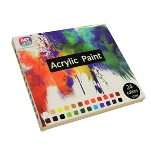 May include: A box set of acrylic paint featuring 24 colors, each in a 12ml tube. The box has a colorful abstract design with the words "Acrylic Paint" in a black rectangle. The box is white with a colorful abstract design.