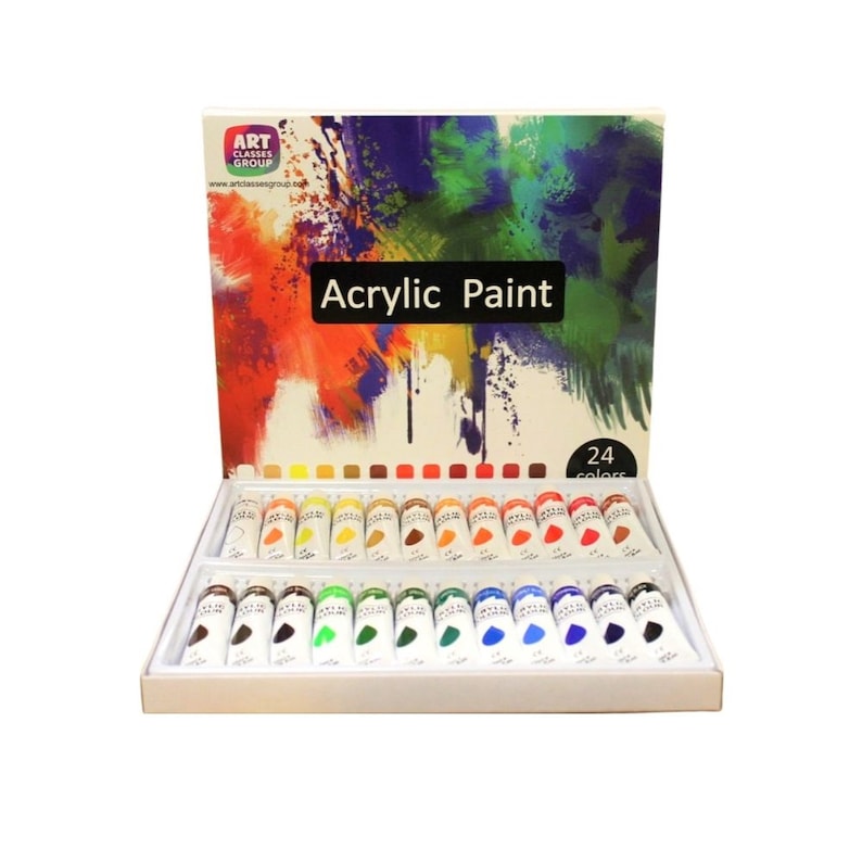 May include: A box set of 24 acrylic paint tubes in various colors. The box features the text "Acrylic Paint" and "24 colors" on a colorful background. The tubes are arranged in two rows inside a white tray.