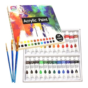 Set de 24 pinturas acrílicas y 3 pinceles de primera calidad para estudiantes y artistas.