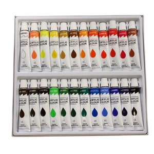May include: A set of 24 acrylic paint tubes in a white tray. Each tube is labeled with a color name and contains 12 ml of paint. The colors include various shades of yellow, red, blue, green, and brown.
