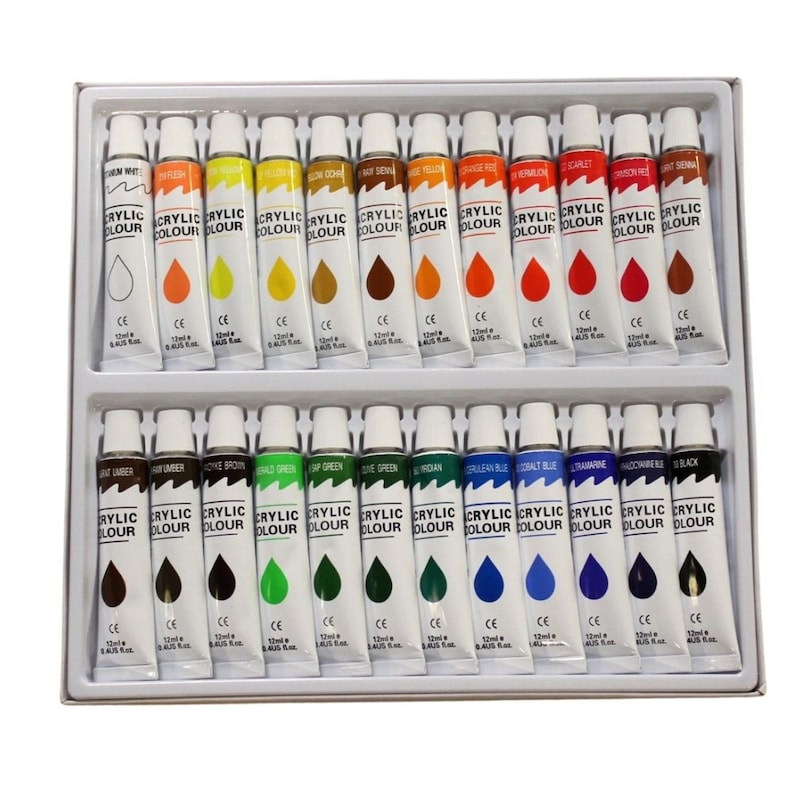 May include: A set of 24 acrylic paint tubes in a white tray. Each tube is labeled with a color name and contains 12 ml of paint. The colors include various shades of yellow, red, blue, green, and brown.