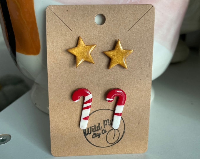 Candy cane & star studs | polymer clay earrings | Christmas