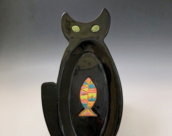 Hand Made, Ceramic, Black, Cat, Fish, Serving, Catch-All Dish