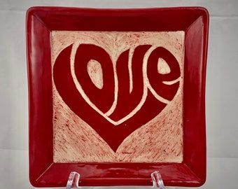 Handmade, Ceramic, Pottery, Square, Red, Valentine, Love, Plate