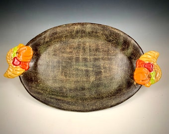 Hand Made, Ceramic, Pottery, Cornucopia, Thanksgiving, Platter