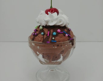 Fake Chocolate Ice Cream Sundae, fake ice cream in sundae glass, birthday subdae, fake bakes, fake sweets, fake food, food props
