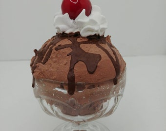 Fake Chocolate Ice Cream Sundae, fake ice cream in sundae glass, birthday subdae, fake bakes, fake sweets, fake food, food props