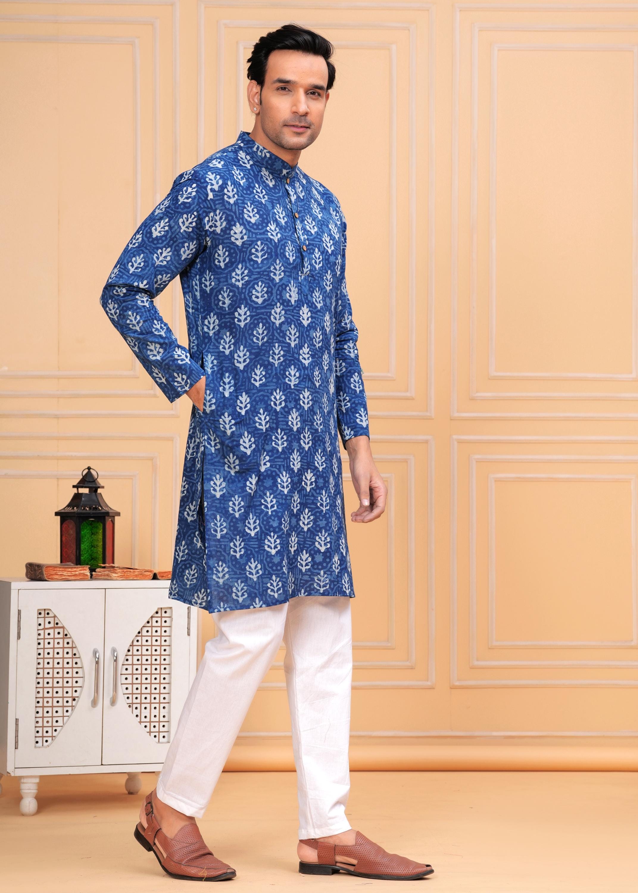 Blue - Indigo Block Printed Cotton Men Short Kurta