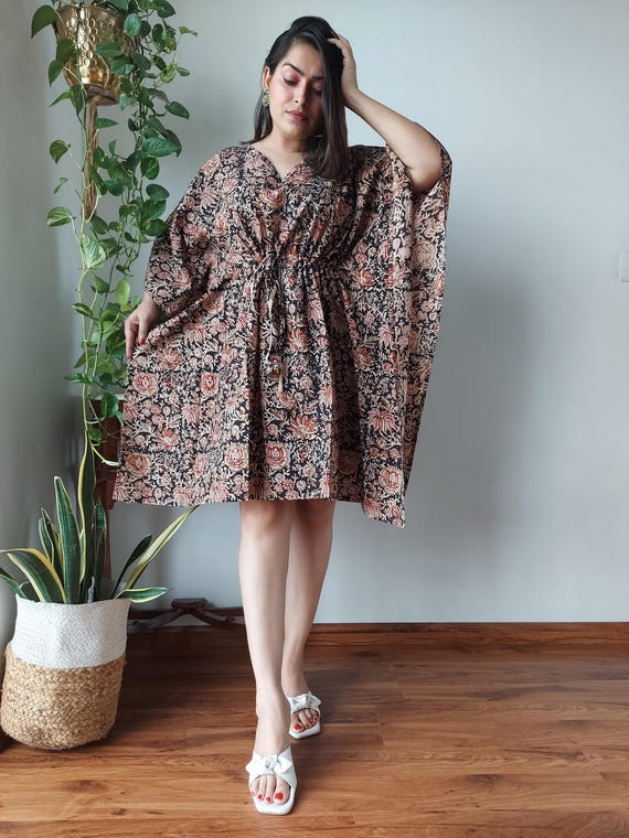 knee length cover up dress Bagru Printed Kaftan, Beach Up, Mother's Day Gift, Loose Lounge Wear, Resort Wear, Maxi Dress, Short Mini Summer strapless chiffon dress for civil wedding