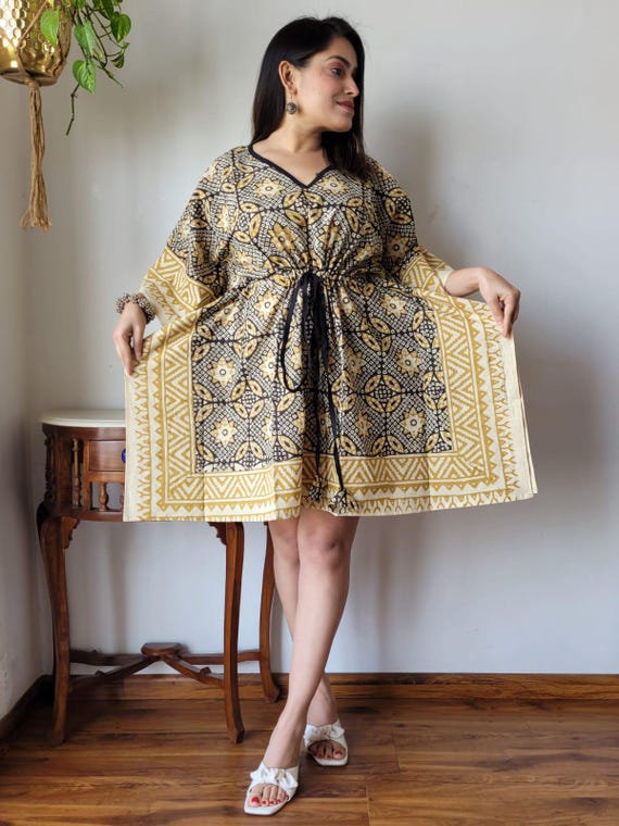 Handblock printed knee length Kaftan, Beach Cover up, Mother's day gift, Loose lounge wear, Resort wear, Maxi Dress, Short mini summer dress Handblock printed knee length Kaftan, Beach Cover up, Mother's day gift, Loose lounge wear, Resort wear, Maxi Dress, Short mini summer dress