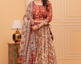 Indian Cotton Hand Block Printed Designer Top With Skirt & Cotton dupatta Set, Lehenga choli, Cotton skirt top and dupatta , Garba Special