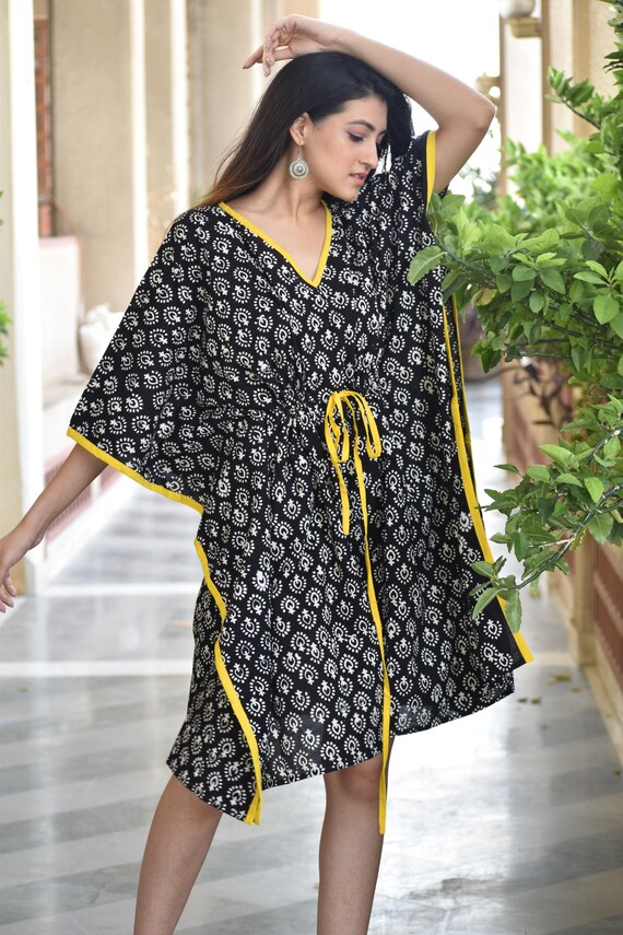 knee length kaftan dress short Black Color Knee Length Kaftan, Paisley print, Beach Cover up, Mother's day gift Loose lounge wear, Resort wear,Short mini summer dress