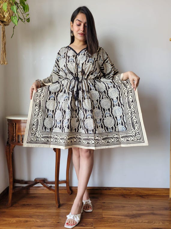 Block Print Knee Length Kaftan, Paisley print, Beach Cover up, Mother's day gift Loose lounge wear, Resort wear,Short mini summer dress