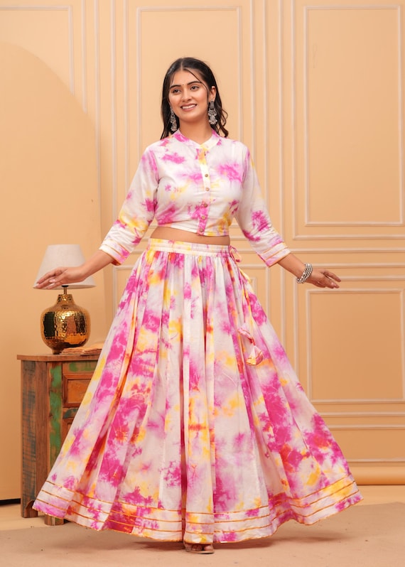 Jupe en coton multicolore tie and dye haut avec duppatta
