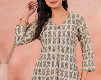 Boho Fish Block Print Cotton Top, V-Neck Summer Shirt for Women