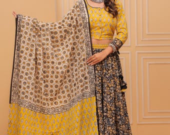 Special Cotton Hand Block Printed Designer Top With Skirt & Cotton dupatta Set, Lehenga choli, Cotton skirt top and dupatta , Garba Special