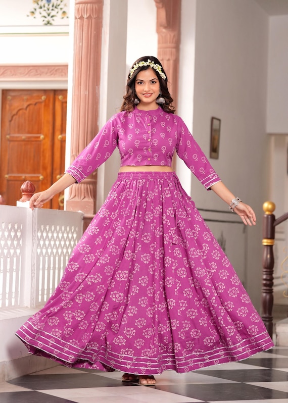 Block Print Purple Cotton Skirt -Top with Duppatta, Indian Lahanga Choli set, Cotton Flared Skirt , Bagru Print Cotton Dress, Indian Special