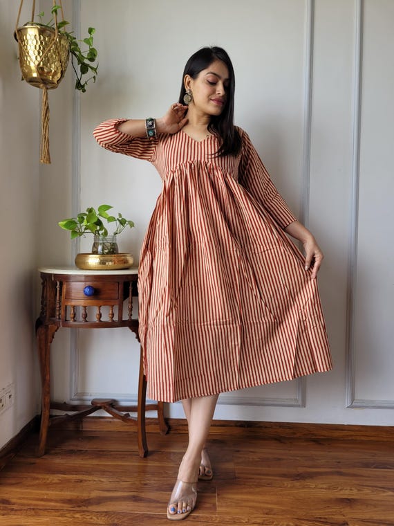 Buy Bagru Hand Block Print Cotton Dress, Striped One Piece With Lining Online in India