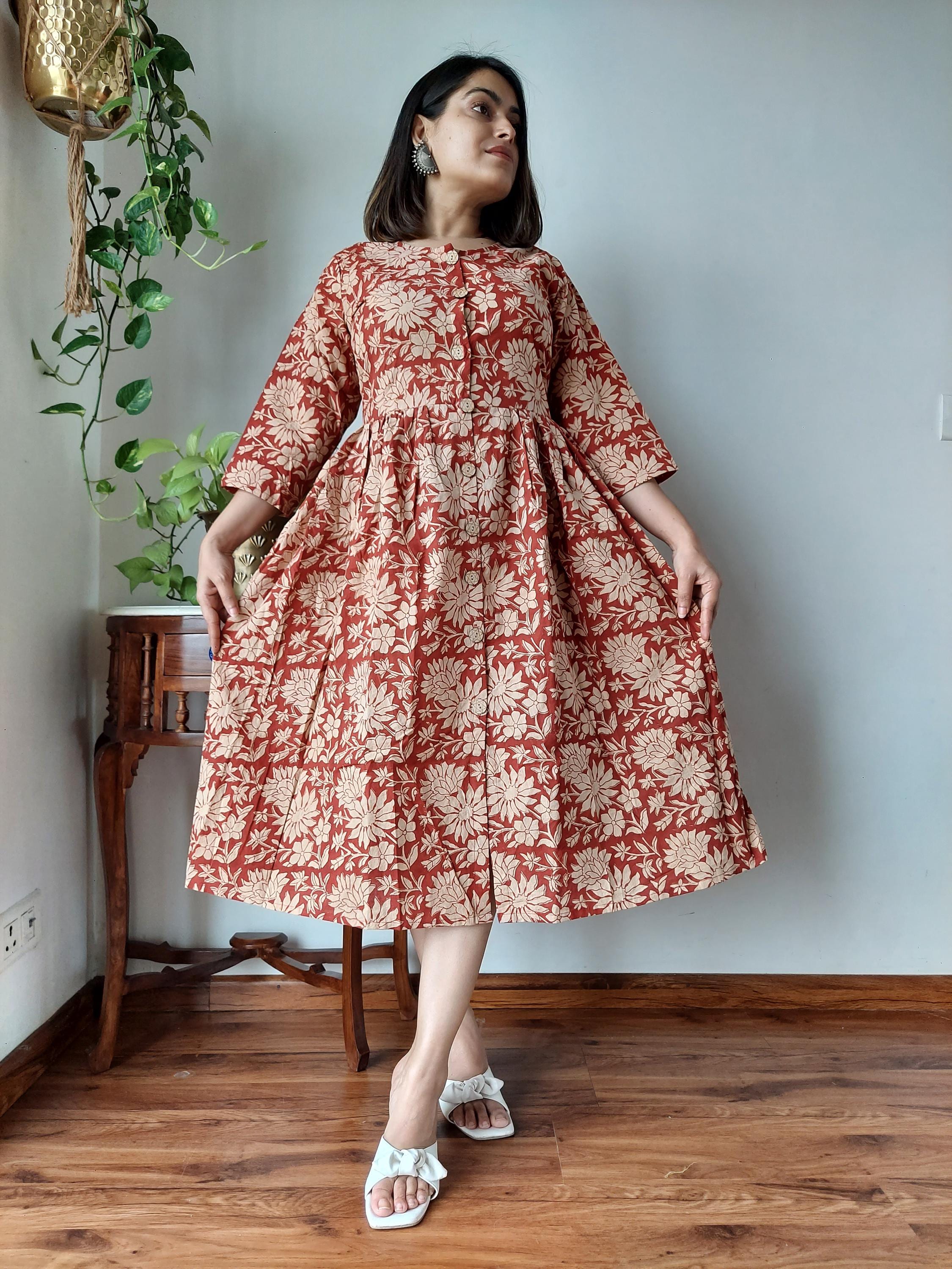 Hand Block Print Cotton One Piece Dress for Women, Gift for Her
