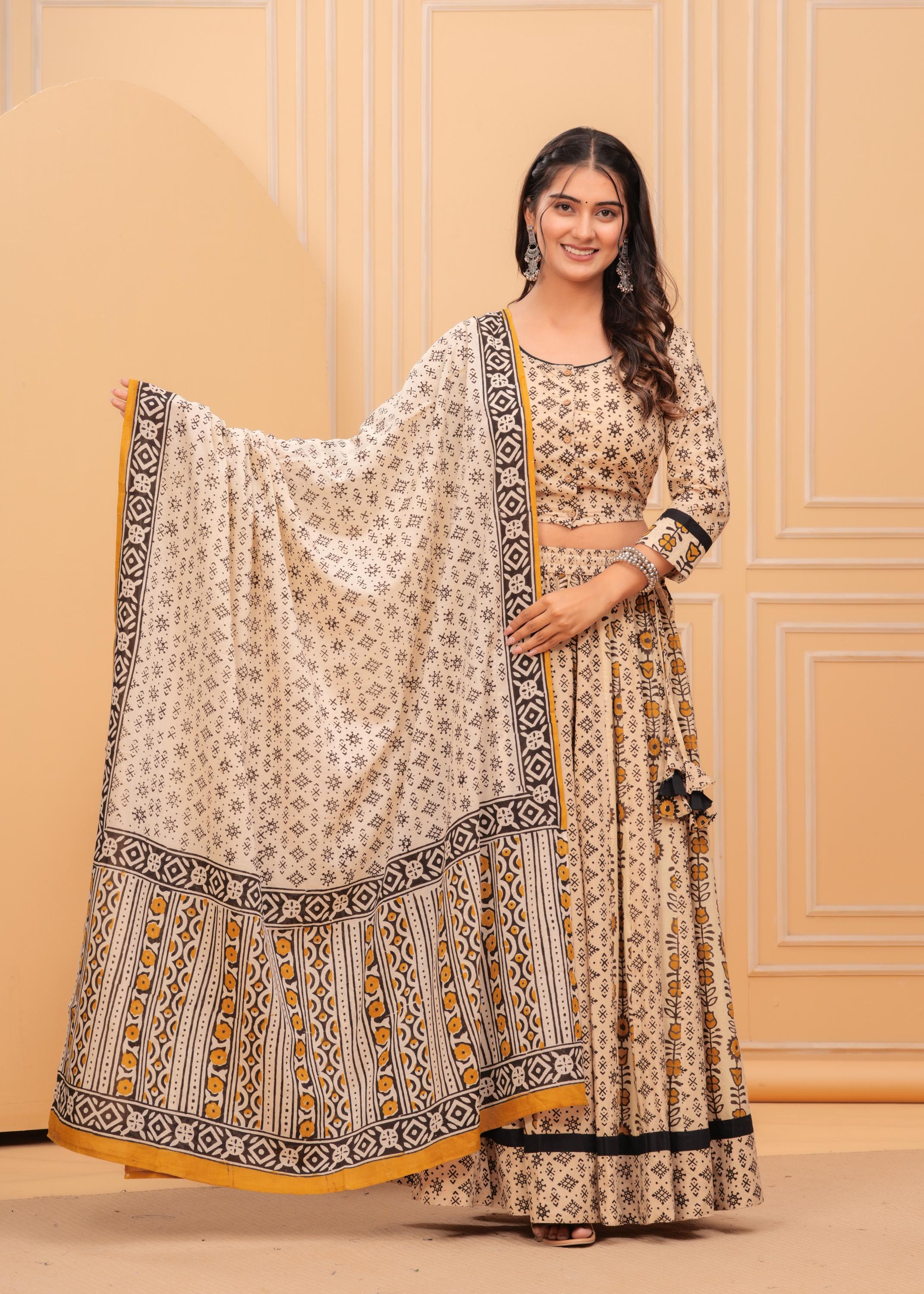 Multicolor Cotton Hand Block Printed Designer Top With Skirt & Cotton dupatta Set, Lehenga choli,Cotton skirt top dupatta,Garba Special set