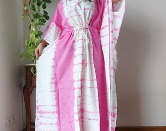Pink & White Handblock Cotton Kaftan: Jaipuri Print Loungewear