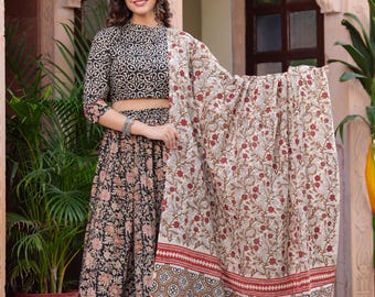 Indian Cotton Hand Block Printed Designer Top With Skirt & Cotton dupatta Set, Lehenga choli, Cotton skirt top and dupatta , Garba Special