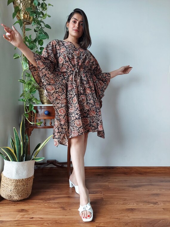 Bagru printed knee length Kaftan, Beach Cover up, Mother's day gift, Loose lounge wear, Resort wear, Maxi Dress, Short mini summer dress