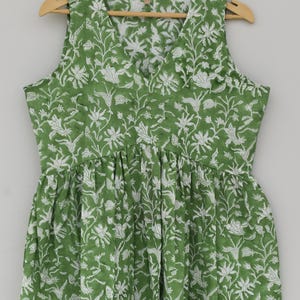 Green color Cotton Earthy Floral Bohemian Blouse Top Indian Bagru Block Print Summer Elegant Comfy Daywear Casual top , tops for office wear