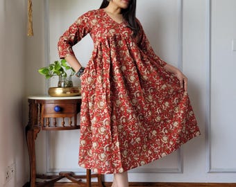 ワンピース Flower Hand Printed Tucked Dress 1 Hand Block Print Cotton One Piece Dress for Women, Blockprint