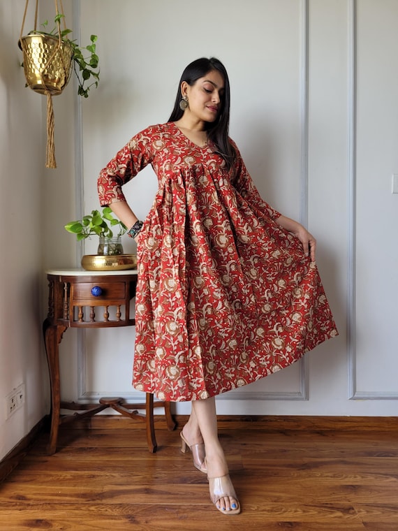 Hand Block Print Cotton One Piece Dress for Women, Blockprint