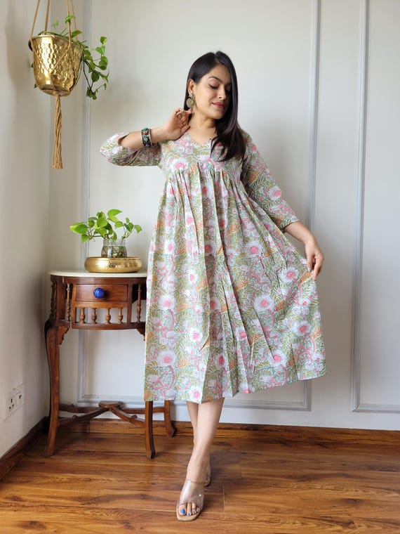 Pure Hand Block Print Cotton Floral Grey Colour One Piece Dress with V Neck