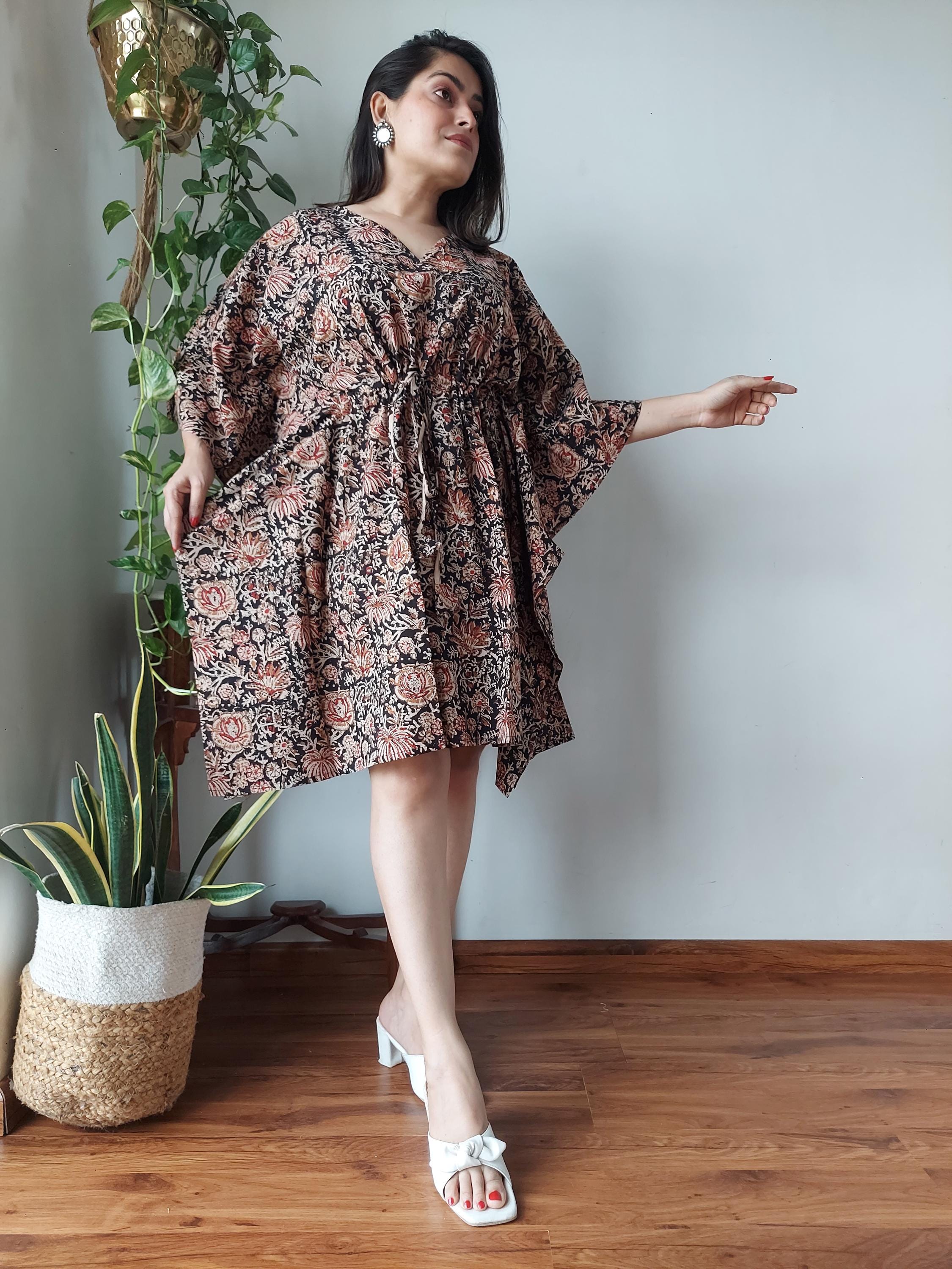 Bagru printed knee length Kaftan, Beach Cover up, Mother's day gift, Loose lounge wear, Resort wear, Maxi Dress, Short mini summer dress