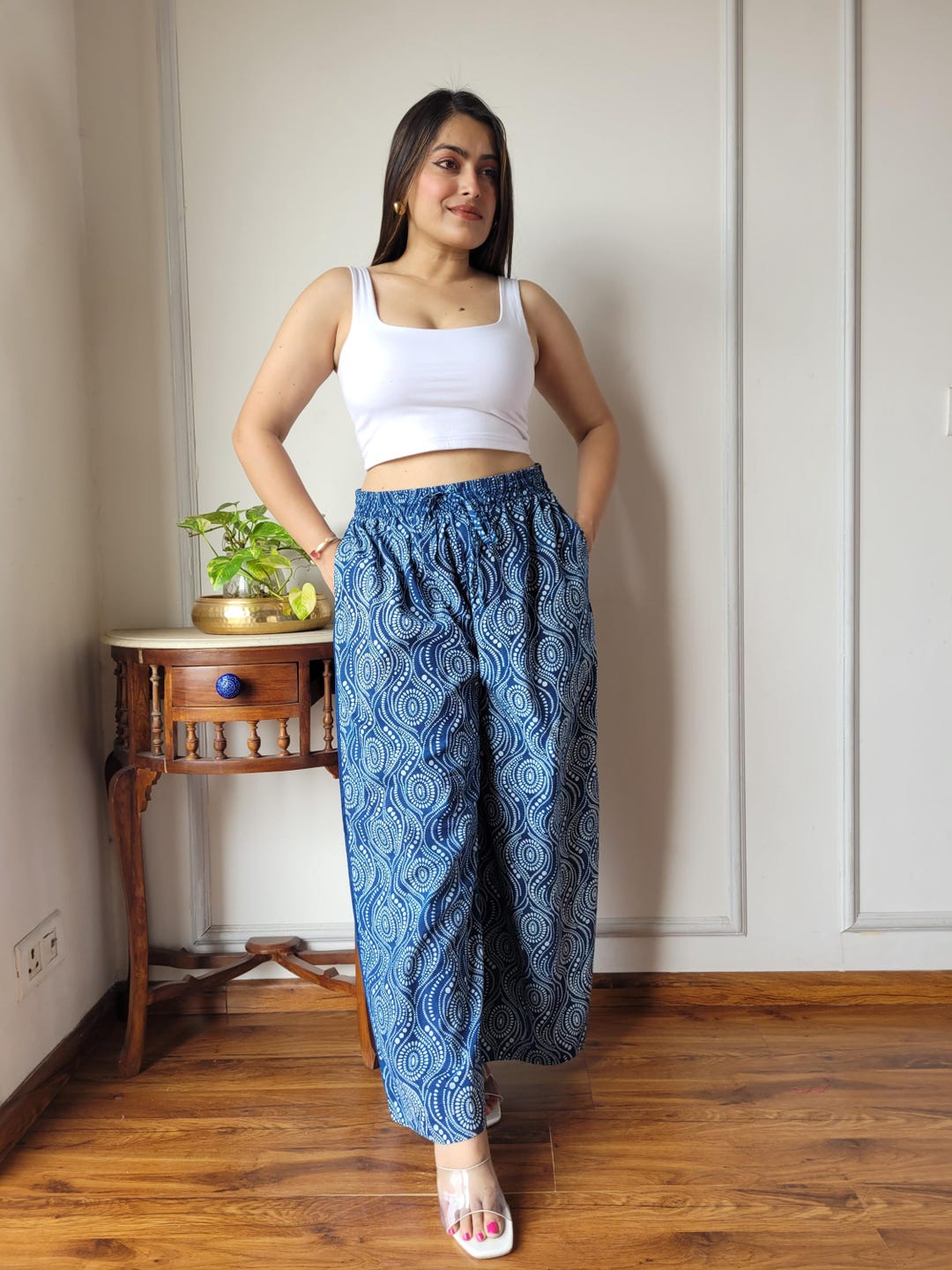 Indigo Cotton Block Print Palazzo Pants, Flared Pants, Summer Clothing ...