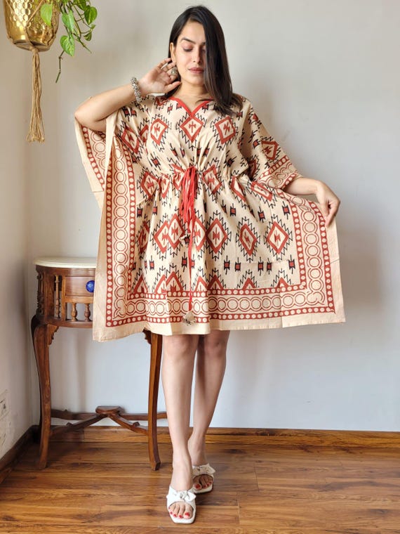 Block Print Knee Length Kaftan, Paisley print, Beach Cover up, Mother's day gift Loose lounge wear, Resort wear,Short mini summer dress Block Print Knee Length Kaftan, Paisley print, Beach Cover up, Mother's day gift Loose lounge wear, Resort wear,Short mini summer dress