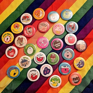 Handmade Fun Cute Nostalgic Kidcore Food Drink Trend Scratch & Sniff Stinky Stickers Button Pins! Fruit Candy Pastry Strawberry Fries Pizza