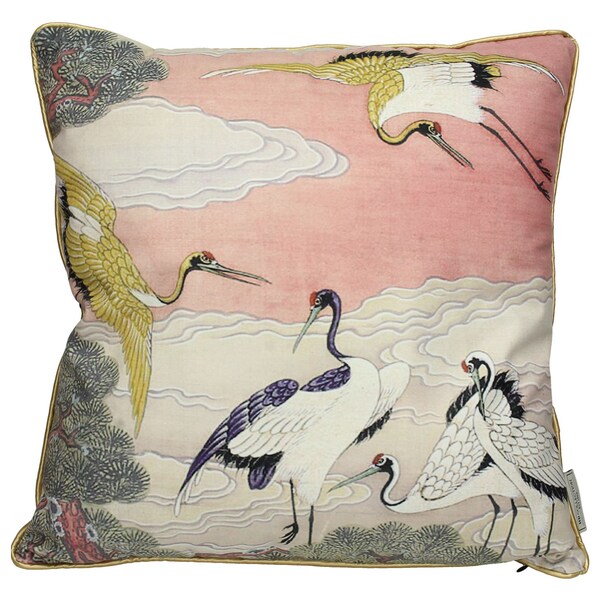 Velvet Crane Print Cushion|  45x45cm cushion| Velvet Pink and Grey Cushion| Luxury Velvet| Statement Cushion| Luxury Soft Furnishings| Birds