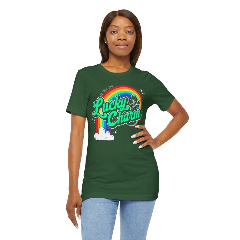 Lucky Charm Tee, St Patrick's Day Shirt, Good Luck Clover Rainbow Stars, Self Empowerment, Unisex T-Shirt Evergreen