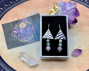 Platinum Plated Triangle, Amethyst, and Flourite Earrings