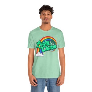Lucky Charm Tee, St Patrick's Day Shirt, Good Luck Clover Rainbow Stars, Self Empowerment, Unisex T-Shirt Heather Mint