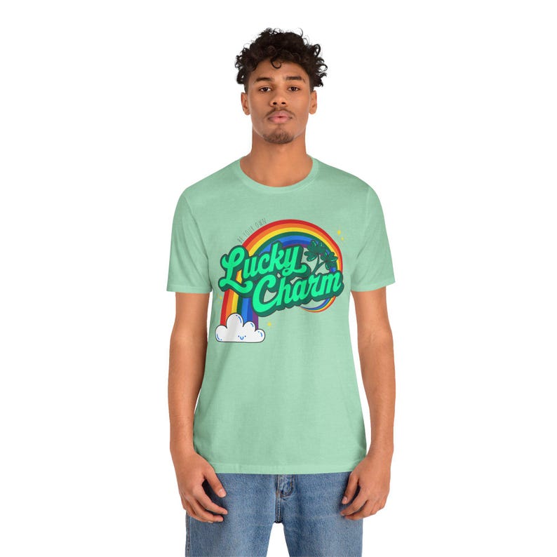 Lucky Charm Tee, St Patrick's Day Shirt, Good Luck Clover Rainbow Stars, Self Empowerment, Unisex T-Shirt Heather Mint