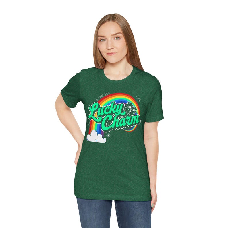 Lucky Charm Tee, St Patrick's Day Shirt, Good Luck Clover Rainbow Stars, Self Empowerment, Unisex T-Shirt Heather Grass Green