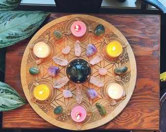 Large Celtic Knot Flower of Life Crystal Grid Bamboo Cutting Board for Crystal Magick
