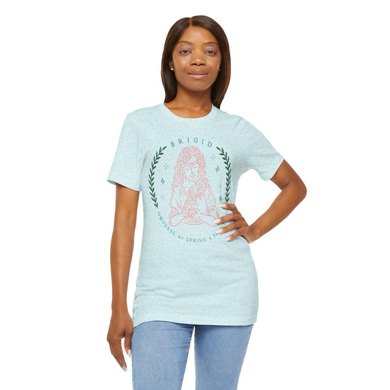 Brigid Goddess Unisex Tee, Spring Fertility Shirt, Pagan Apparel, Celtic Mythology Top, Nature Lover Gift, Wicca Clothing Heather Prism Ice Blue