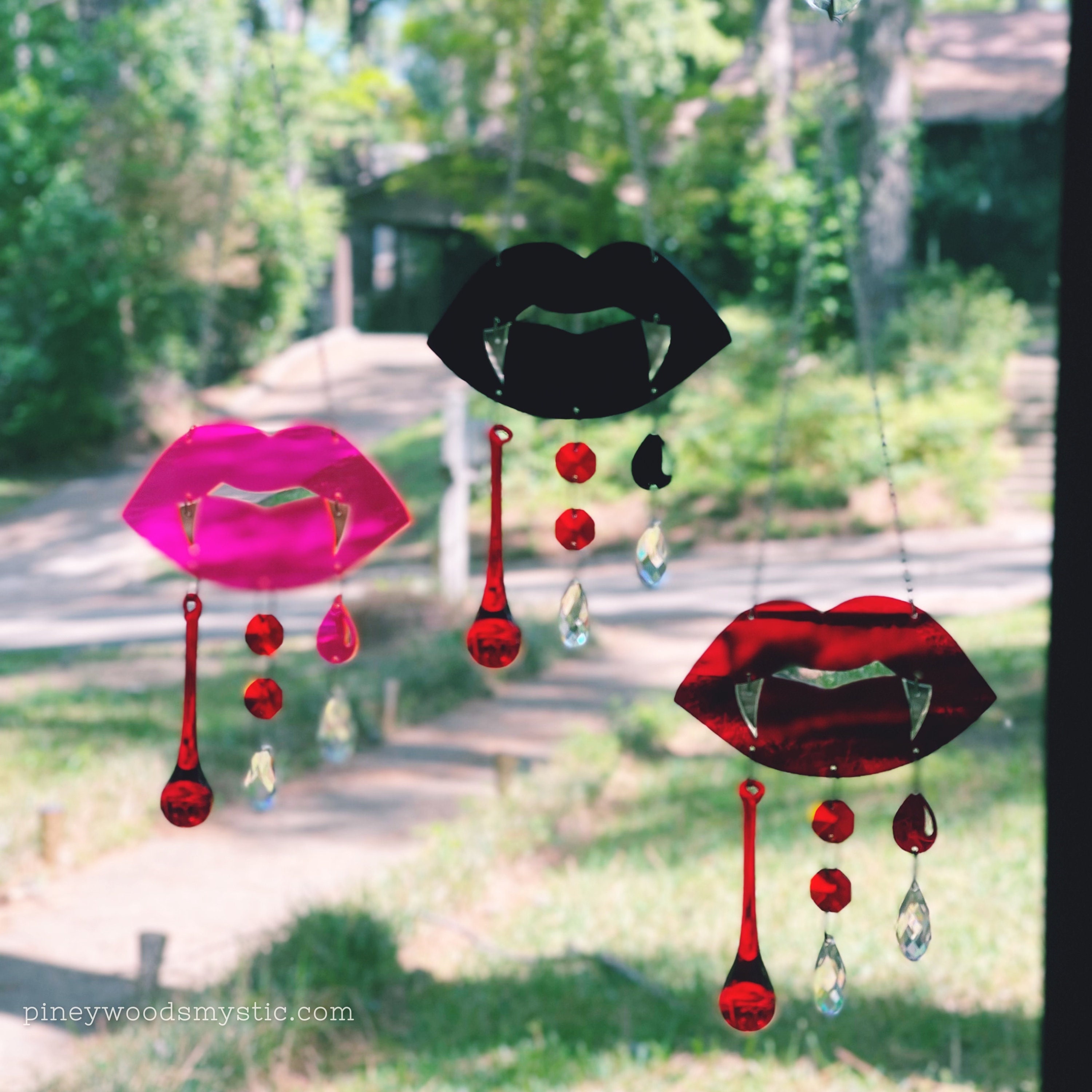 Vampire Lips Sexy Gothic Sun Catcher with Prisms and Red Glass "Blood" Drop