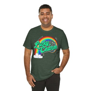 Lucky Charm Tee, St Patrick's Day Shirt, Good Luck Clover Rainbow Stars, Self Empowerment, Unisex T-Shirt Heather Forest