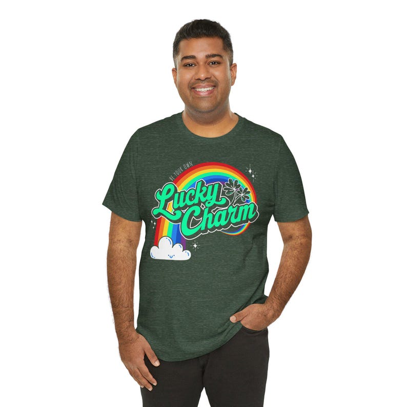 Lucky Charm Tee, St Patrick's Day Shirt, Good Luck Clover Rainbow Stars, Self Empowerment, Unisex T-Shirt Heather Forest