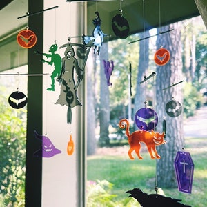 Halloween Spooky Mobile - witch, zombie, coffin, cat, bat, Bigfoot, monster, crow, raven, ghost, pumpkin, reaper, death, skull, spider