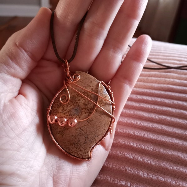 Large, beautiful picture jasper stone pendant hand wrapped in woven copper wire and accented with copper beads (with cord necklace)
