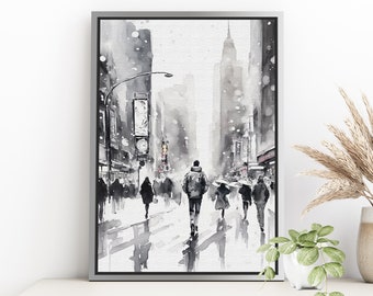 May include: A black and white watercolor painting of a city street scene with people walking in the snow. The painting features a tall building in the background and a street lamp in the foreground.