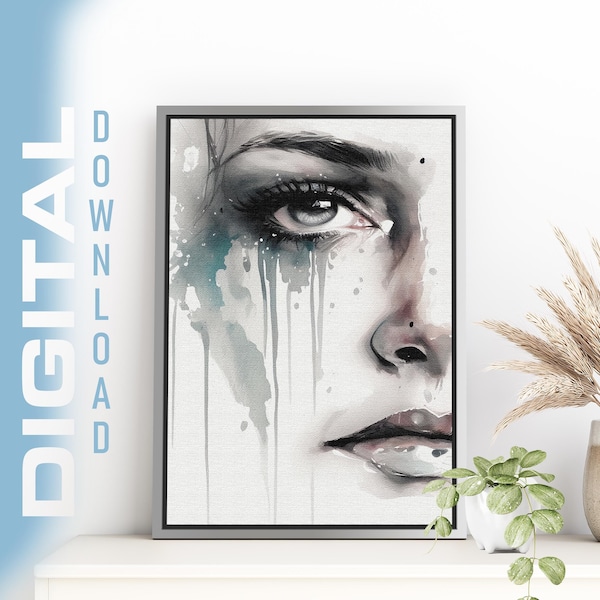 Crying Sad Eyes in Watercolor Artwork, High-Resolution Digital Download